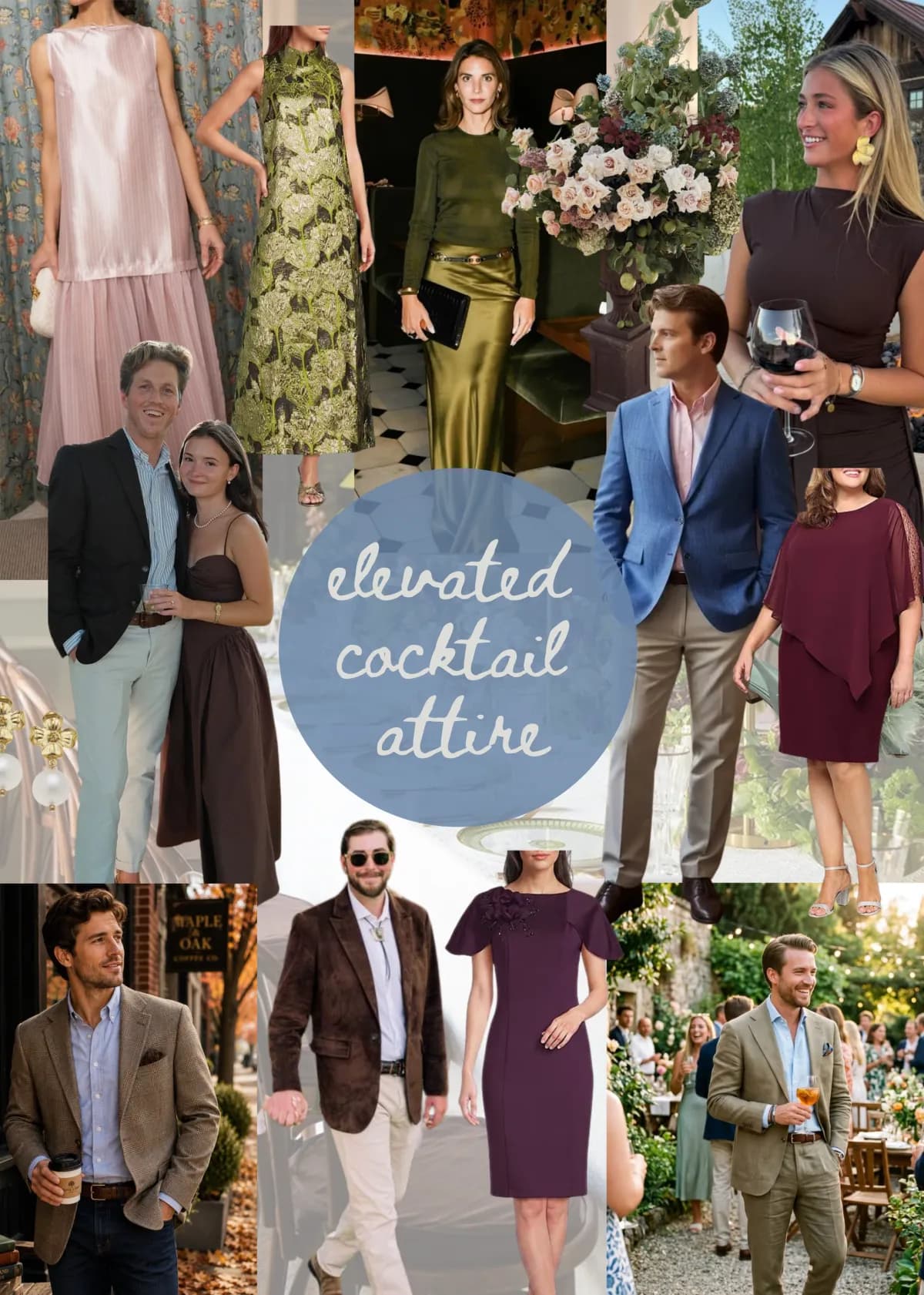 Elevated cocktail attire: a collage of guests in cocktail dresses, long dresses, blazers with open collars, and slacks